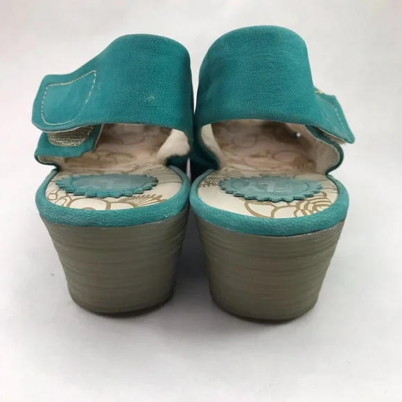 FLY LONDON Women's 39 8-8.5 Yakin Yata Knot Teal Suede Peep Toe Sling Back Wedge - Picture 5 of 10